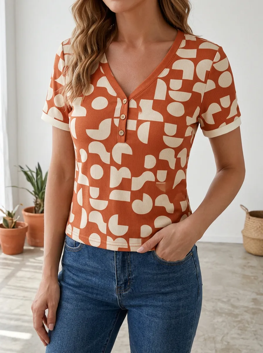 Women's Geometric Pattern Rust Printed Henley Shirt