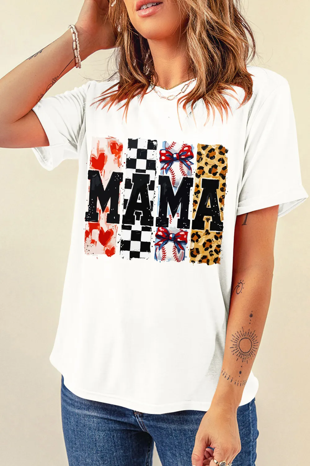 White Mama Baseball Leopard Checkered Tee