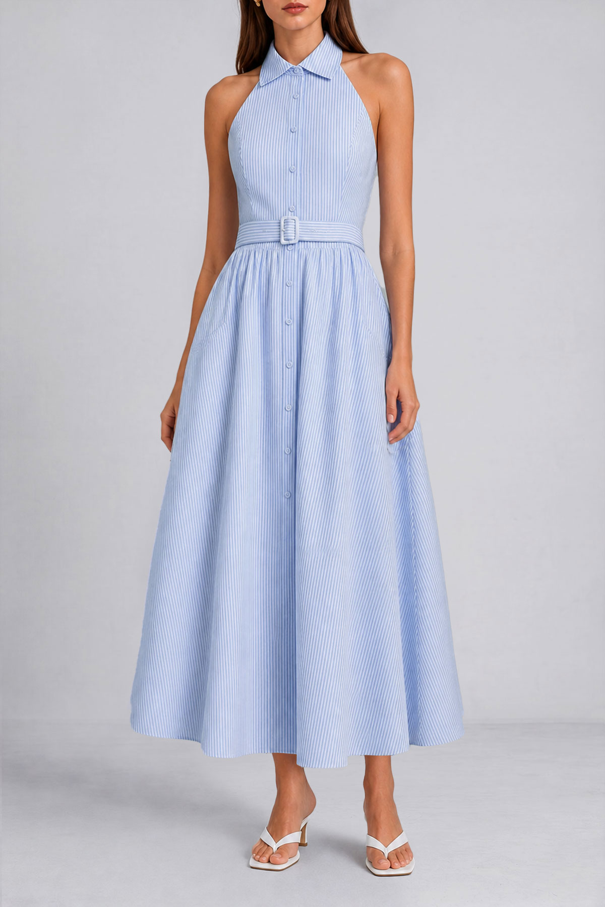 Halter Neck Button Front Midi Dress