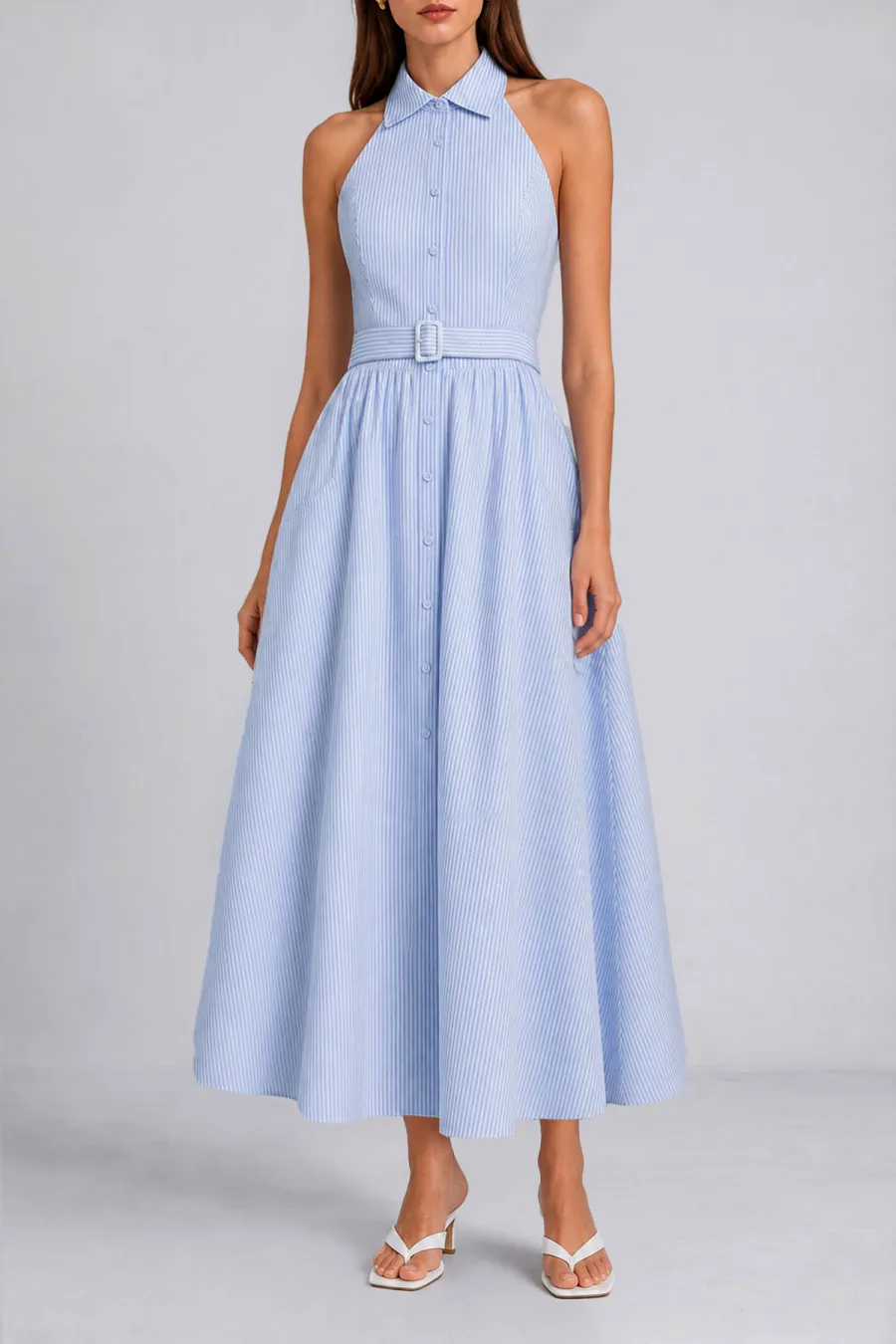 Halter Neck Button Front Midi Dress