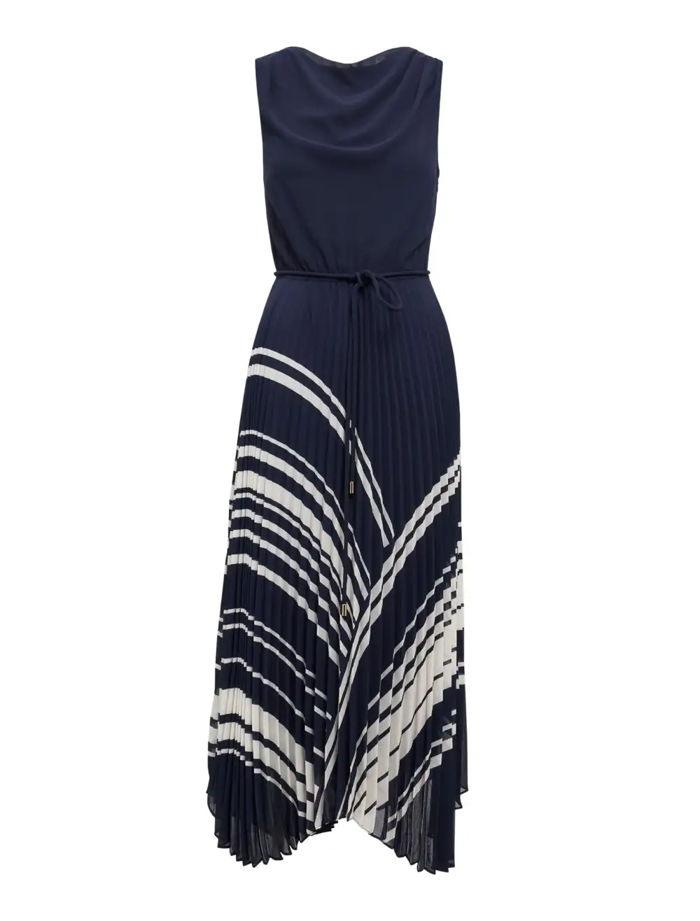 Navy White Pleated Skirt Sleeveless Midi Dress