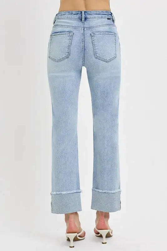 High Waist Straight Leg Cuffed Denim Jeans