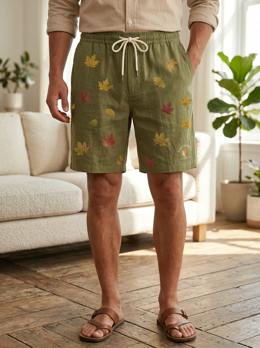 Olive Leaf-print Drawstring Textured Shorts
