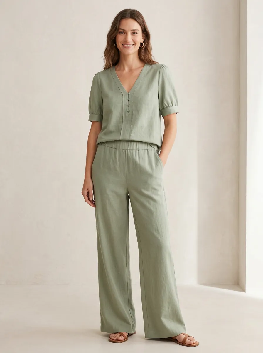 Short-Sleeve Button-Front Women's V-Neck Blouse