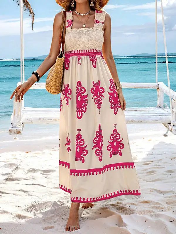 Loose Pleated Printed Neck Maxi Dress