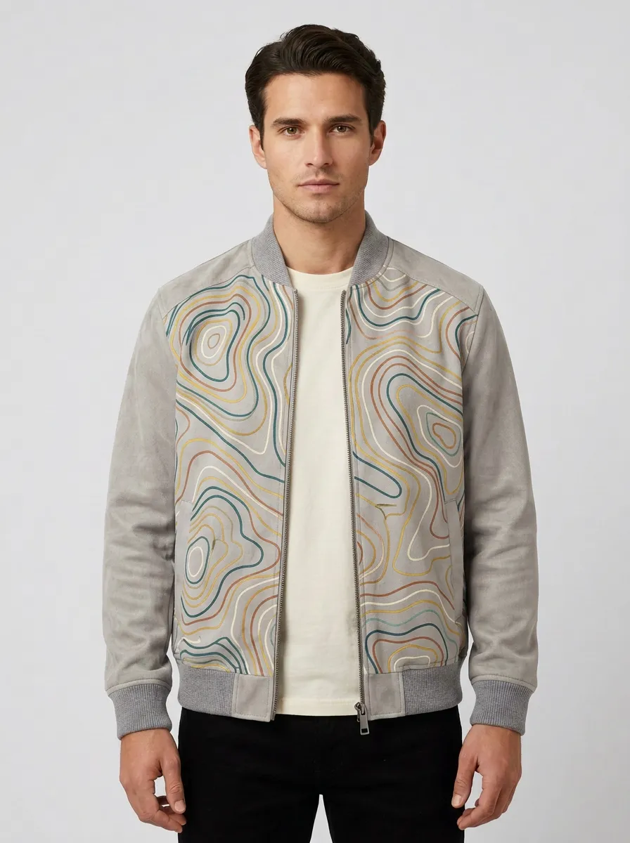Men's Outdoor Adventure Topographic Map Printed Bomber Jacket