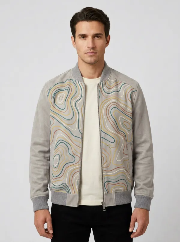 Men's Outdoor Adventure Topographic Map Printed Bomber Jacket