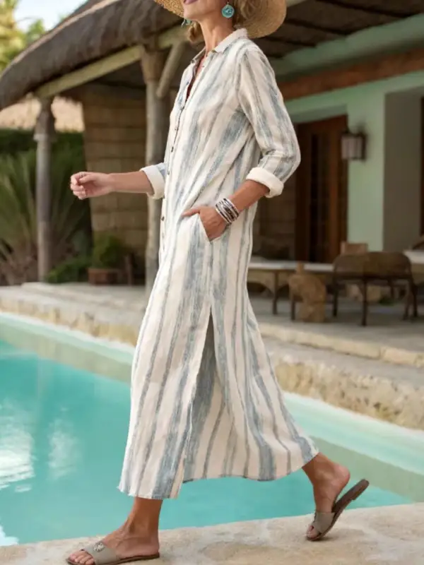 Striped Button Front Midi Dress