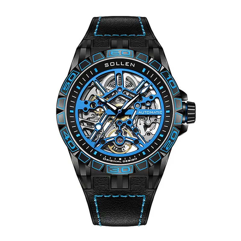 Sollen SL326 Men's Skeleton Automatic Mechanical Watch - 43mm 316L Stainless Steel Case Sapphire Crystal Multi-Layer Dial Leather-Pattern Silicone Strap Wristwatch