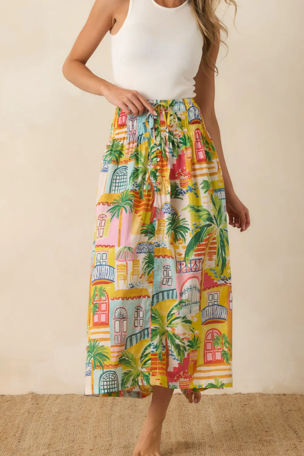 Coastal Village Print Cotton Maxi Skirt