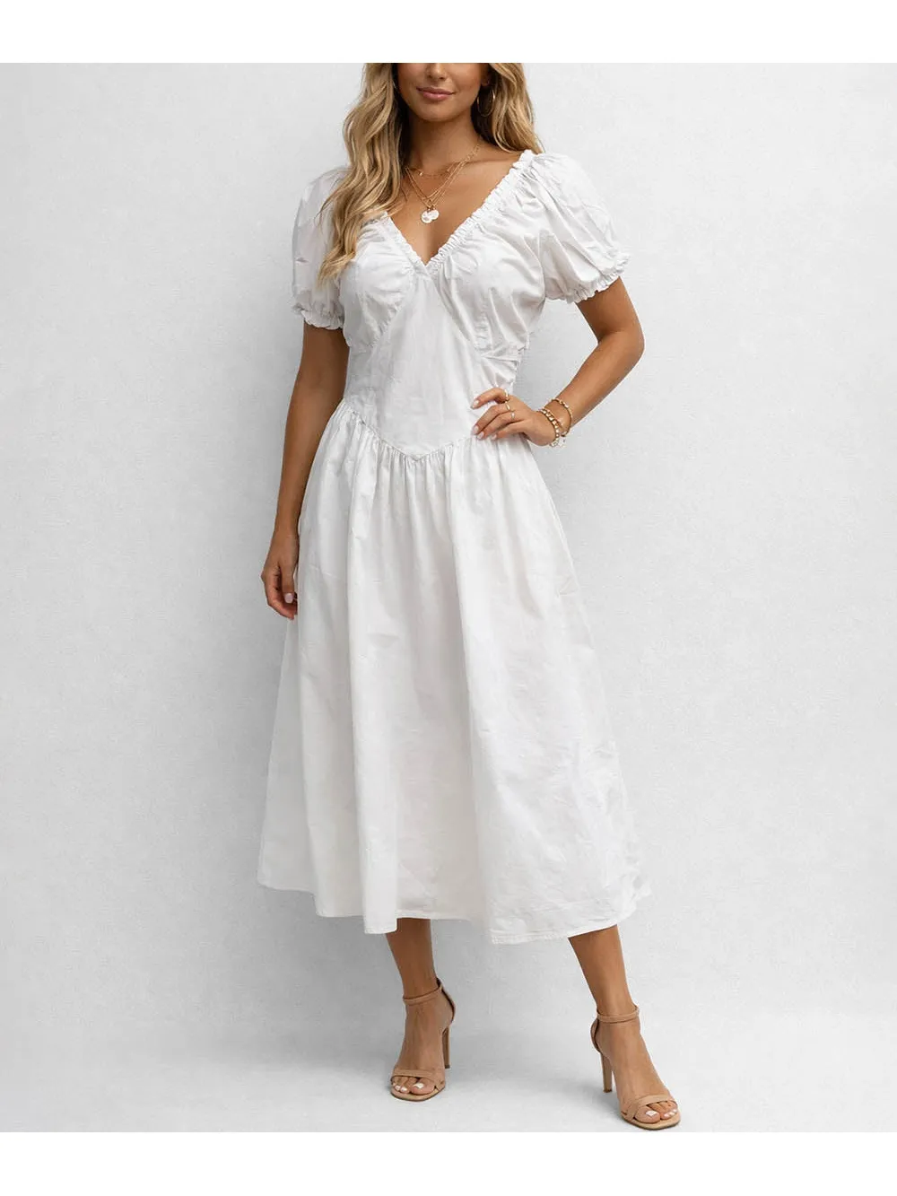 V Neck Ruched Short Sleeves Midi Dress