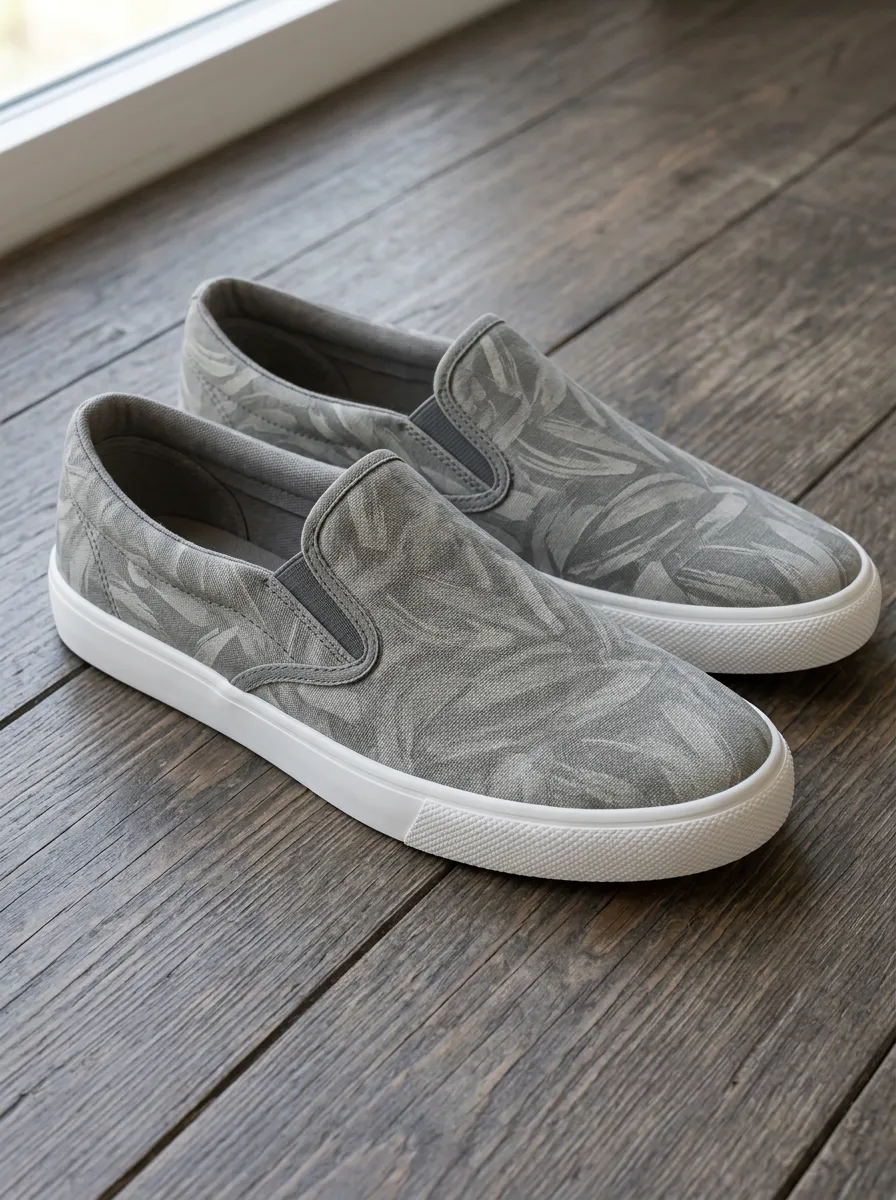 Men's Grey Tropical Leaf Printed Canvas Slip-on Shoes