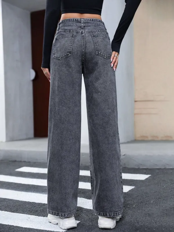 Relaxed Washed Tie-Waist Pocketed Stretch Straight Leg Jeans