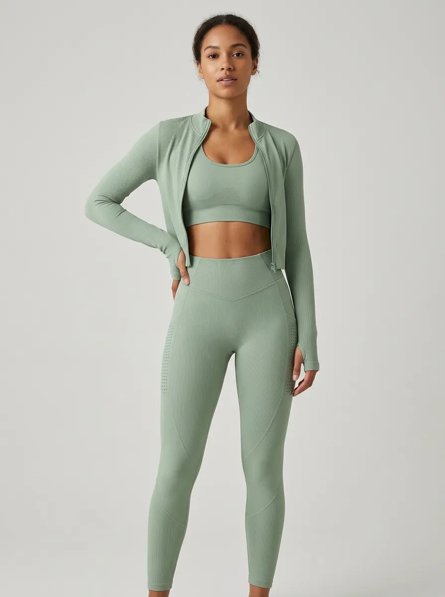Streetwear Ribbed Texture Seamless Design Silhouette Women's Three Piece Activewear Set