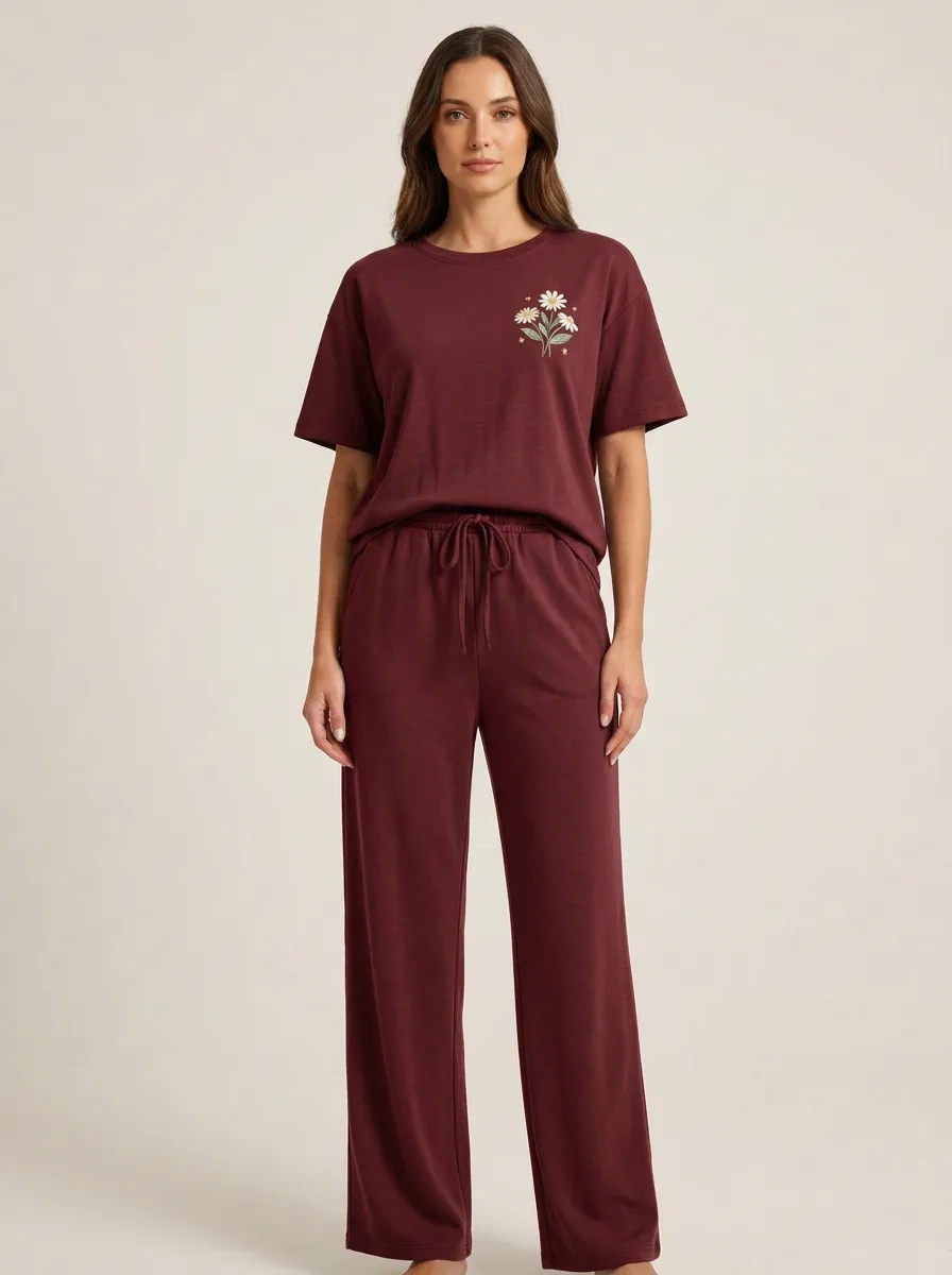 Women's Floral Graphic Drop-Shoulder T-Shirt And Drawstring Wide-Leg Trouser Lounge Set