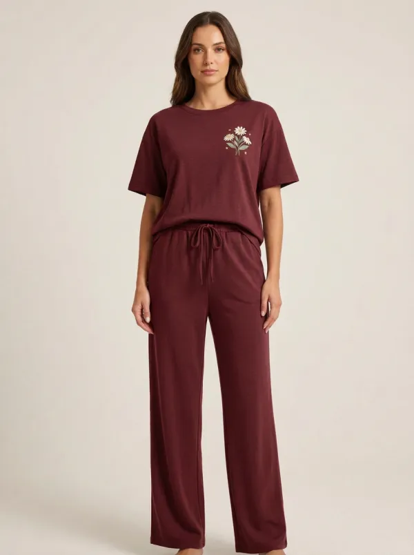 Women's Floral Graphic Drop-Shoulder T-Shirt And Drawstring Wide-Leg Trouser Lounge Set
