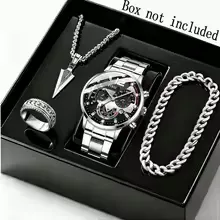4pcs/set Men's Watch and Triangle Spearhead Necklace Set Combo - Luxury Analog Quartz Wristwatch Date Casual Business Watch
