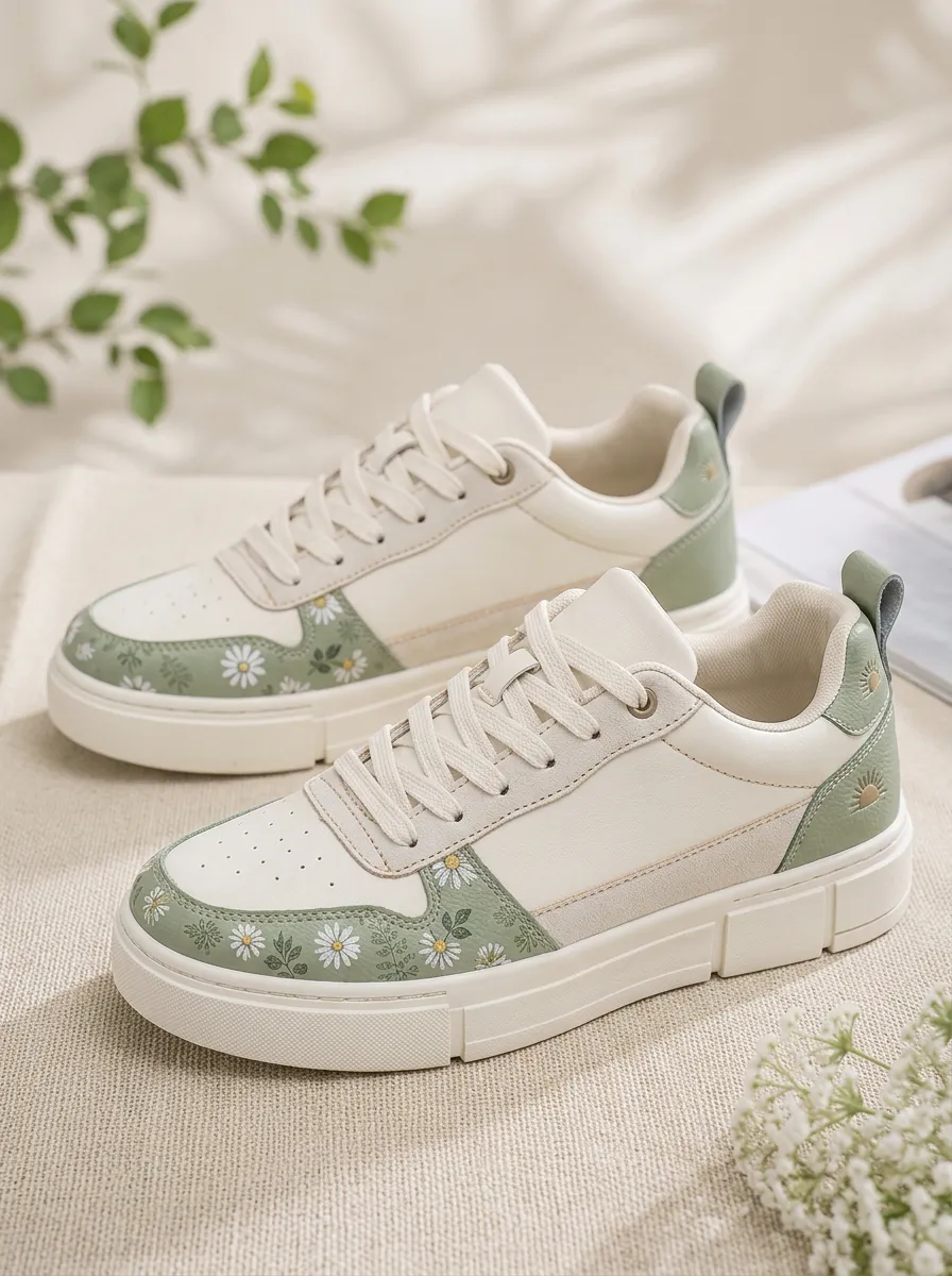 Men's Daisy Floral Sage Green Printed Sneakers