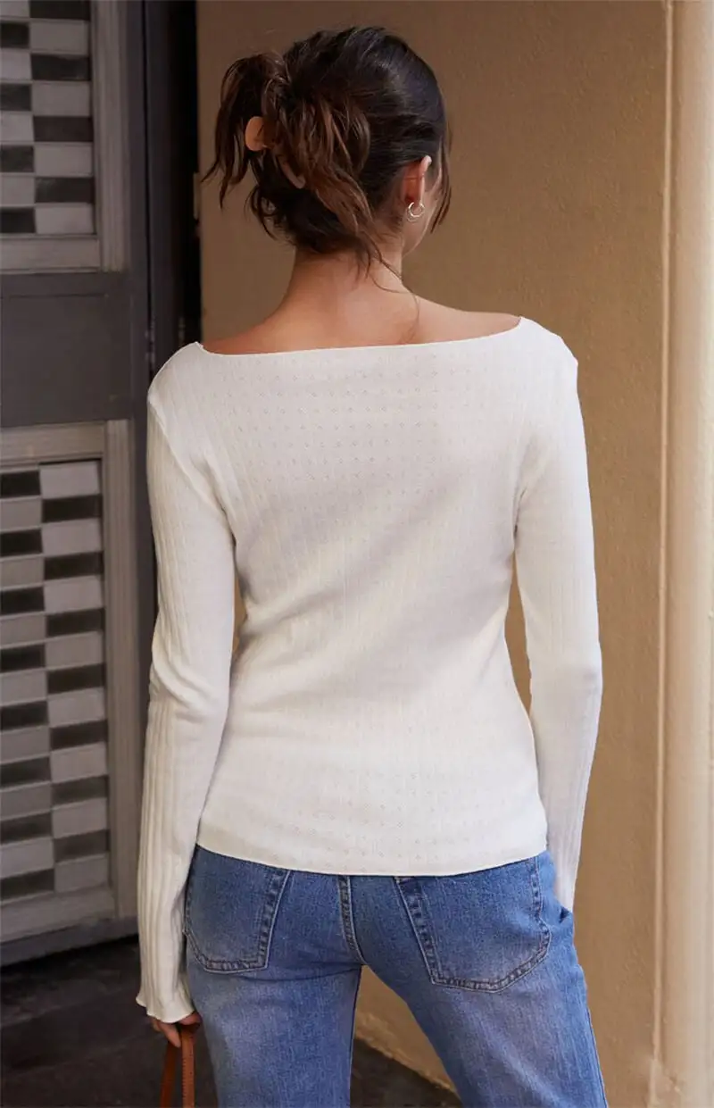 John Galt White Pointelle Long Sleeve Top