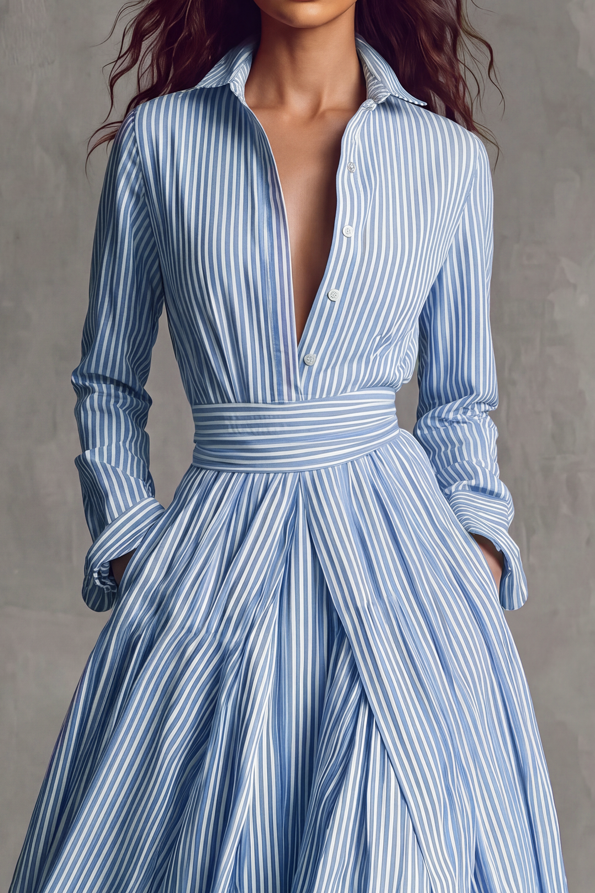 Plunge Neck Striped Casual Dress