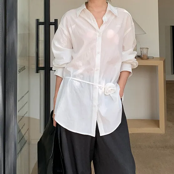 Streamlined Flower Print Tie Waist Slim Fit Long Sleeve Shirt