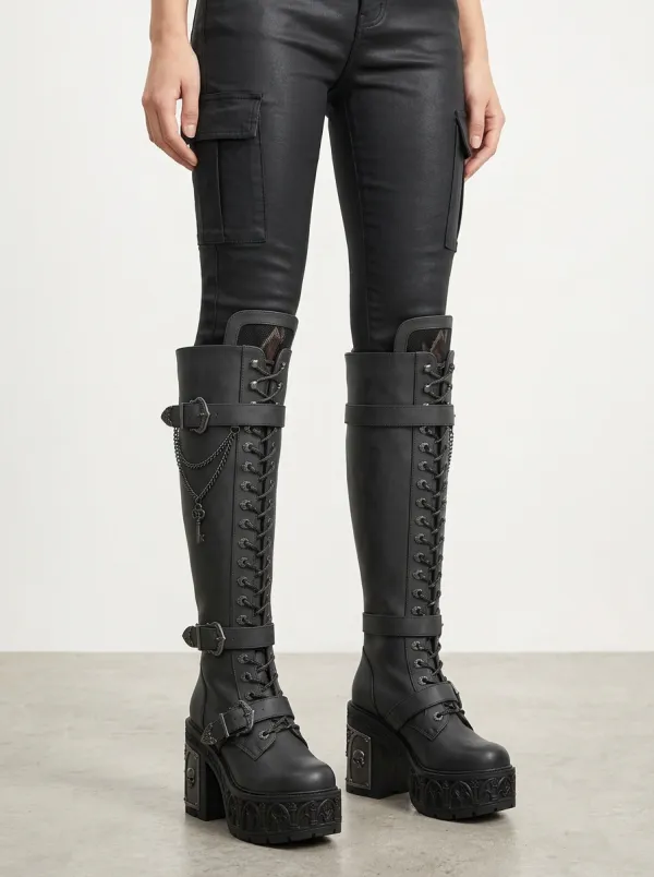 Ritual-Inspired Skull Lace Lace-Up Detail Women's Gothic Platform Knee High Boots