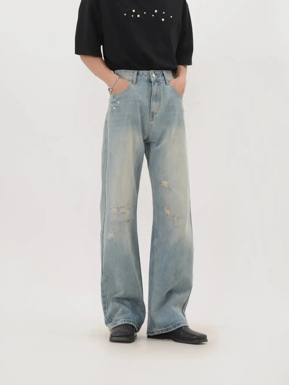 Distressed Straight-Leg Light-Wash Jeans