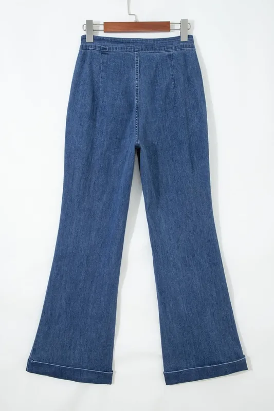 Golden Button Detail Rolled Edge Flare Leg Jeans
