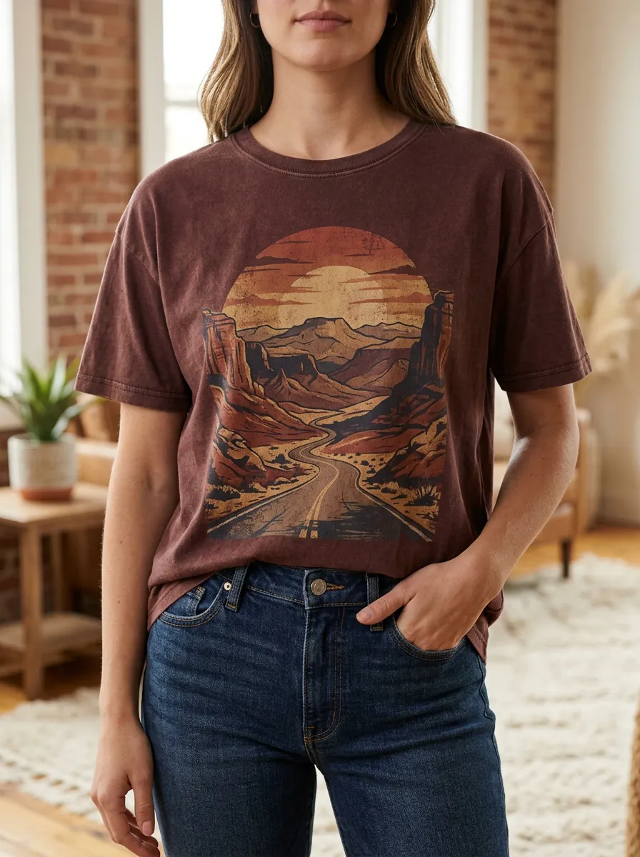 Women's Vintage Desert Road Sunset Printed T-shirt
