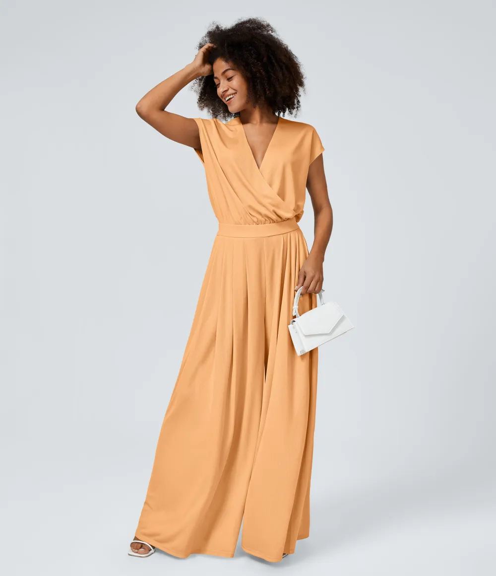 V Neck Short Sleeve Side Pocket Wide Leg Flowy Waffle Casual Jumpsuit