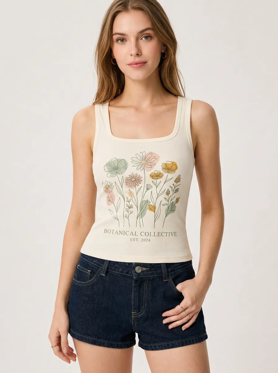 Women's Botanical Lover Wildflower Printed Ribbed Tank Top