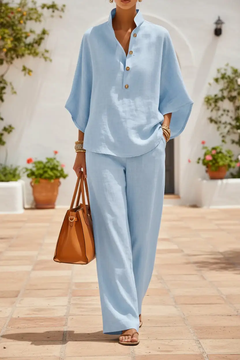 Long-Sleeve Linen Checked Women's Matching Set