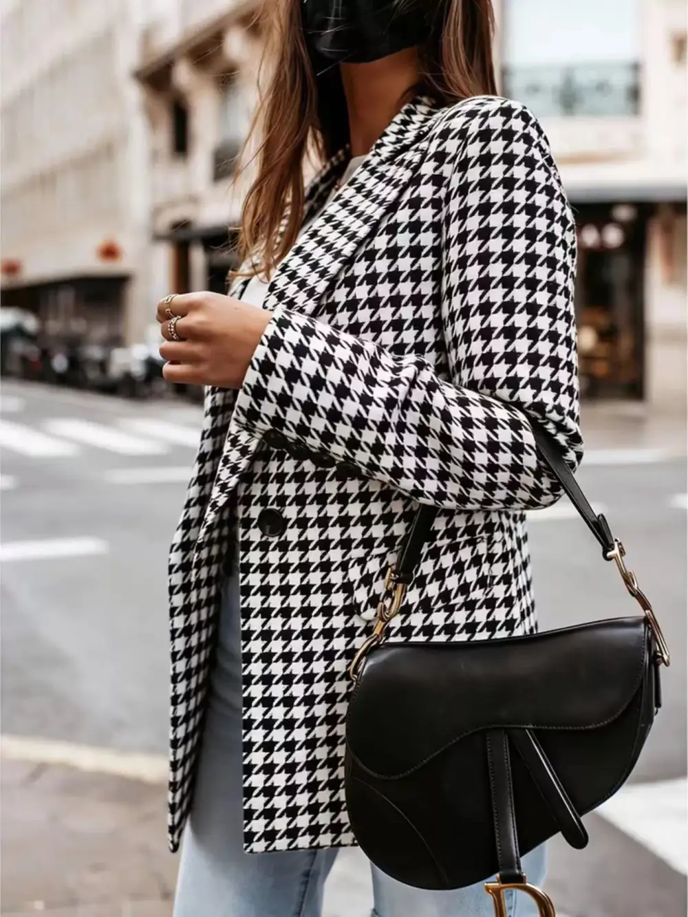 Double-Breasted Houndstooth Blazer