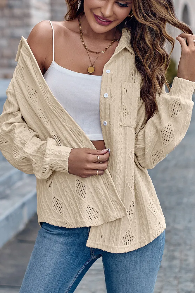 Eyelet Cable Button Shirt Blouse