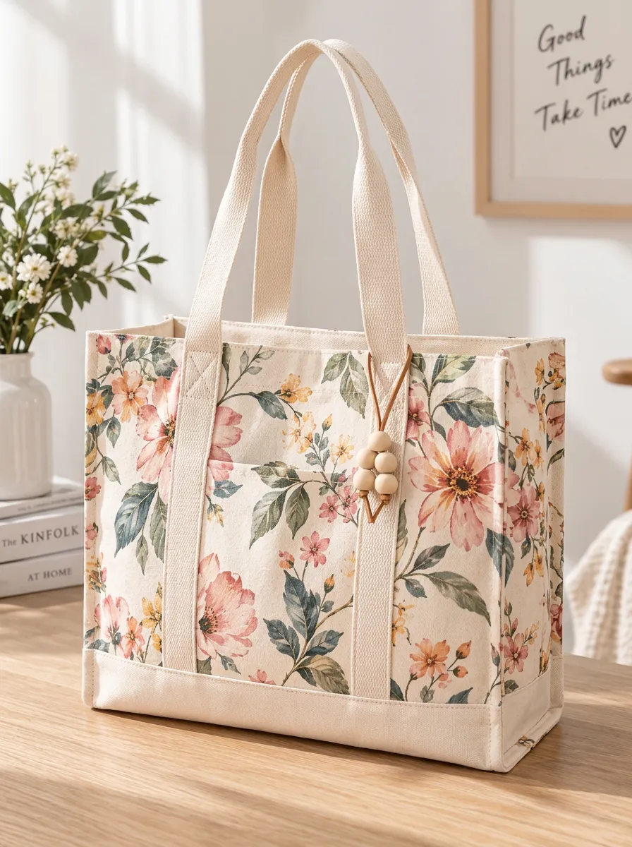 Women's Botanical Floral Vintage Structured Printed Canvas Shoulder Tote Bag