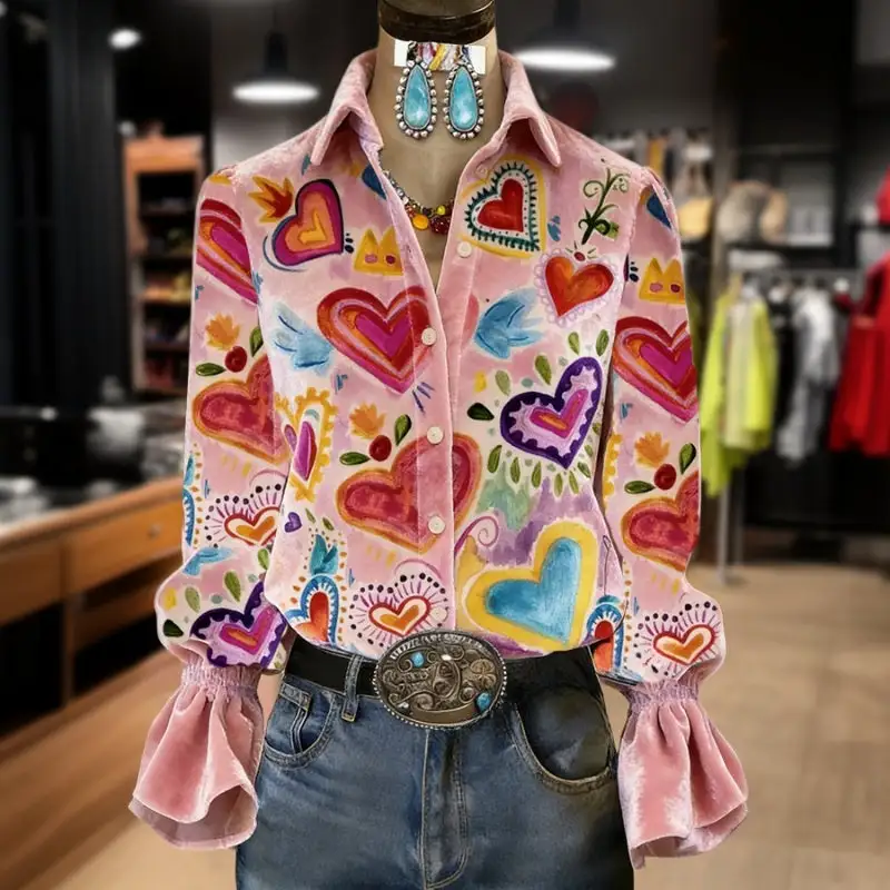  Vintage Heart Print Blouse