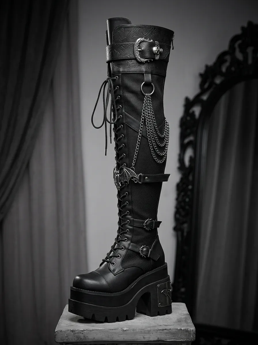 Classic Gothic Bat Wing Chain Detail Women's Gothic Platform Knee High Boots