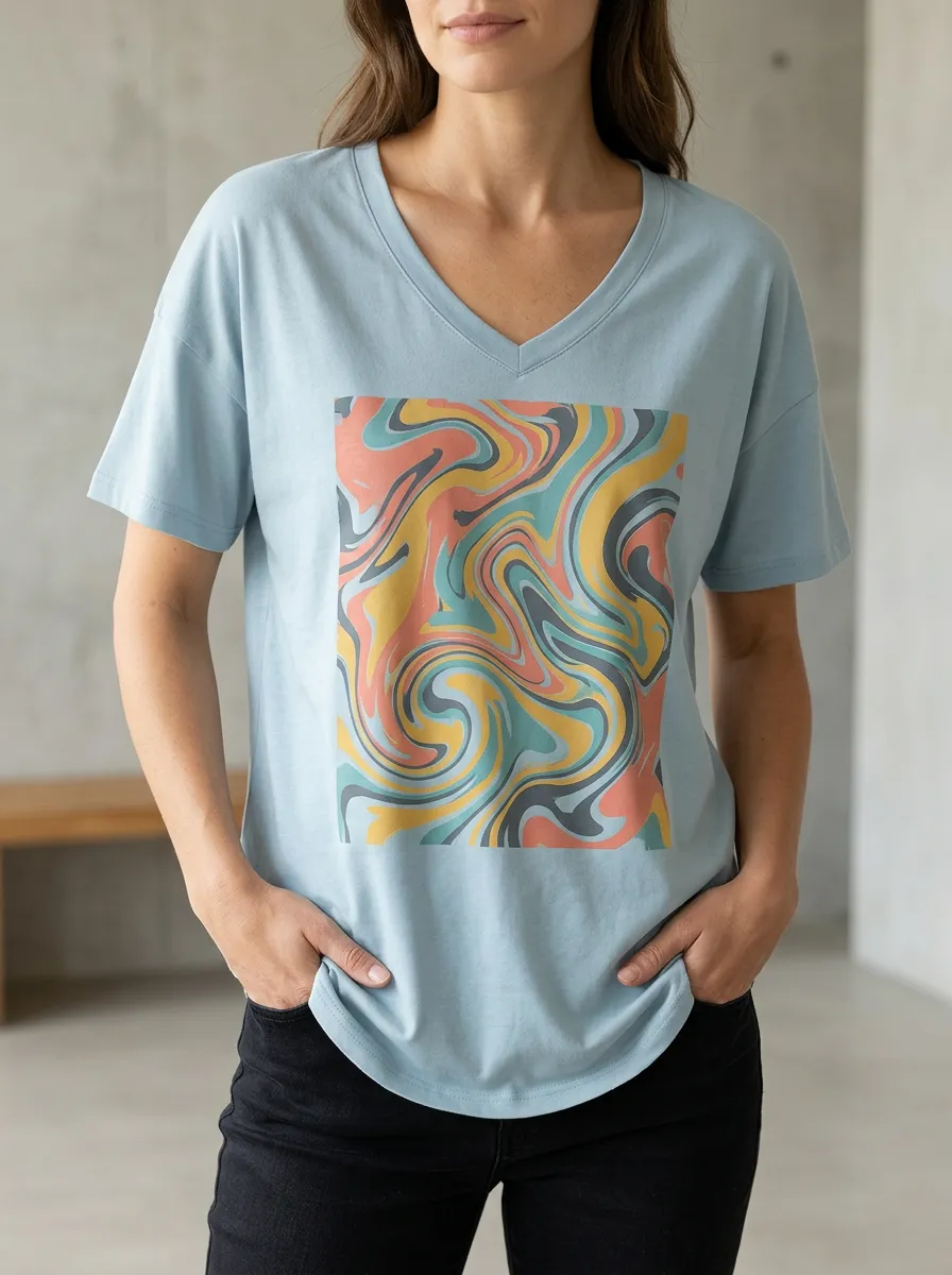 Women's Retro Aesthetic Abstract Swirl Printed V-Neck T-Shirt Modern Pattern