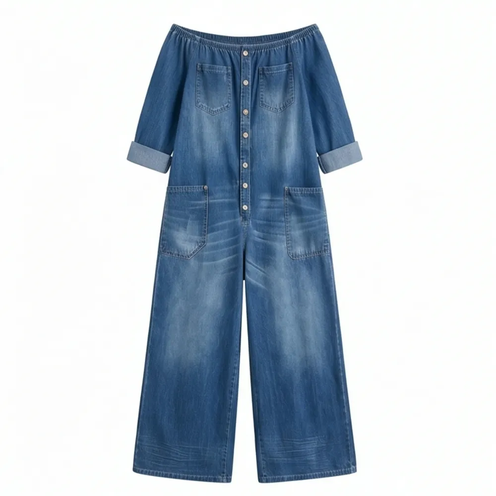 Off Shoulder Denim Jumpsuit