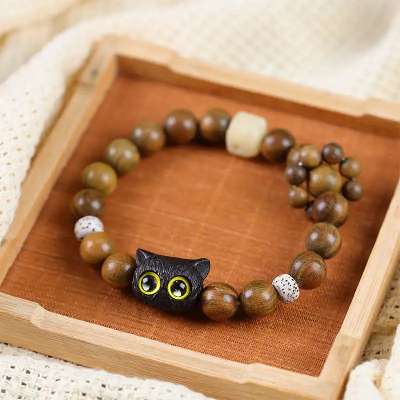 Ebony Wood Cat Beaded Bracelet