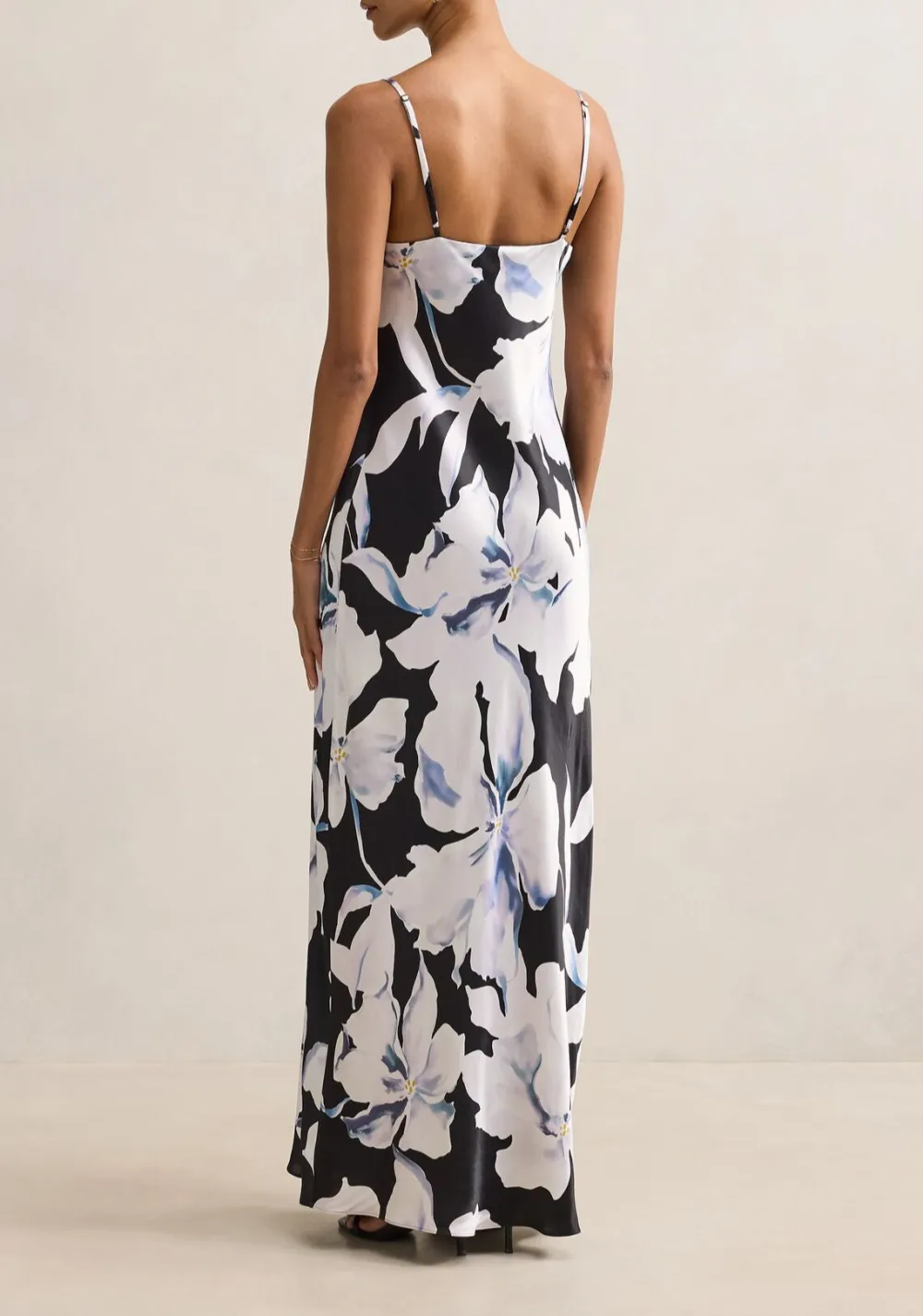 Black White Floral Print Strappy Slip Maxi Dress