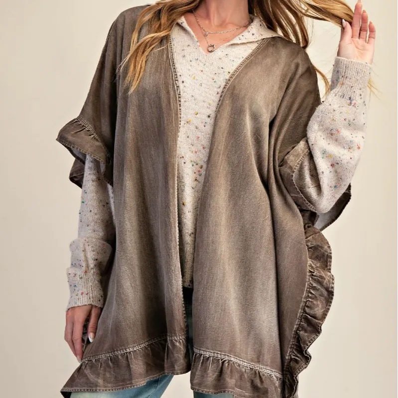 Classic Open Front Chambray Star Patch Ruffle Detail Cardigan