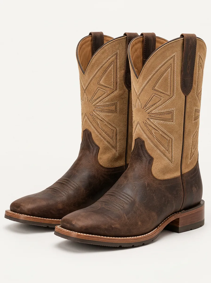 Men's Suede Star Motif Cowboy Boots with Decorative Stitching