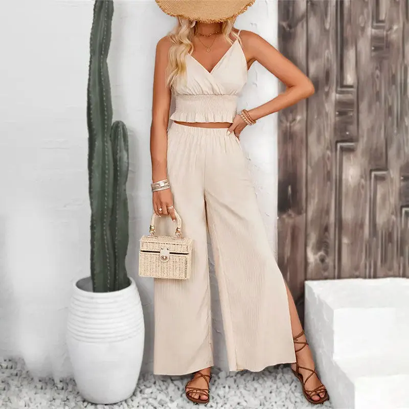 Refined Striped Ruffle Tank Top And Straight Leg Pants Set