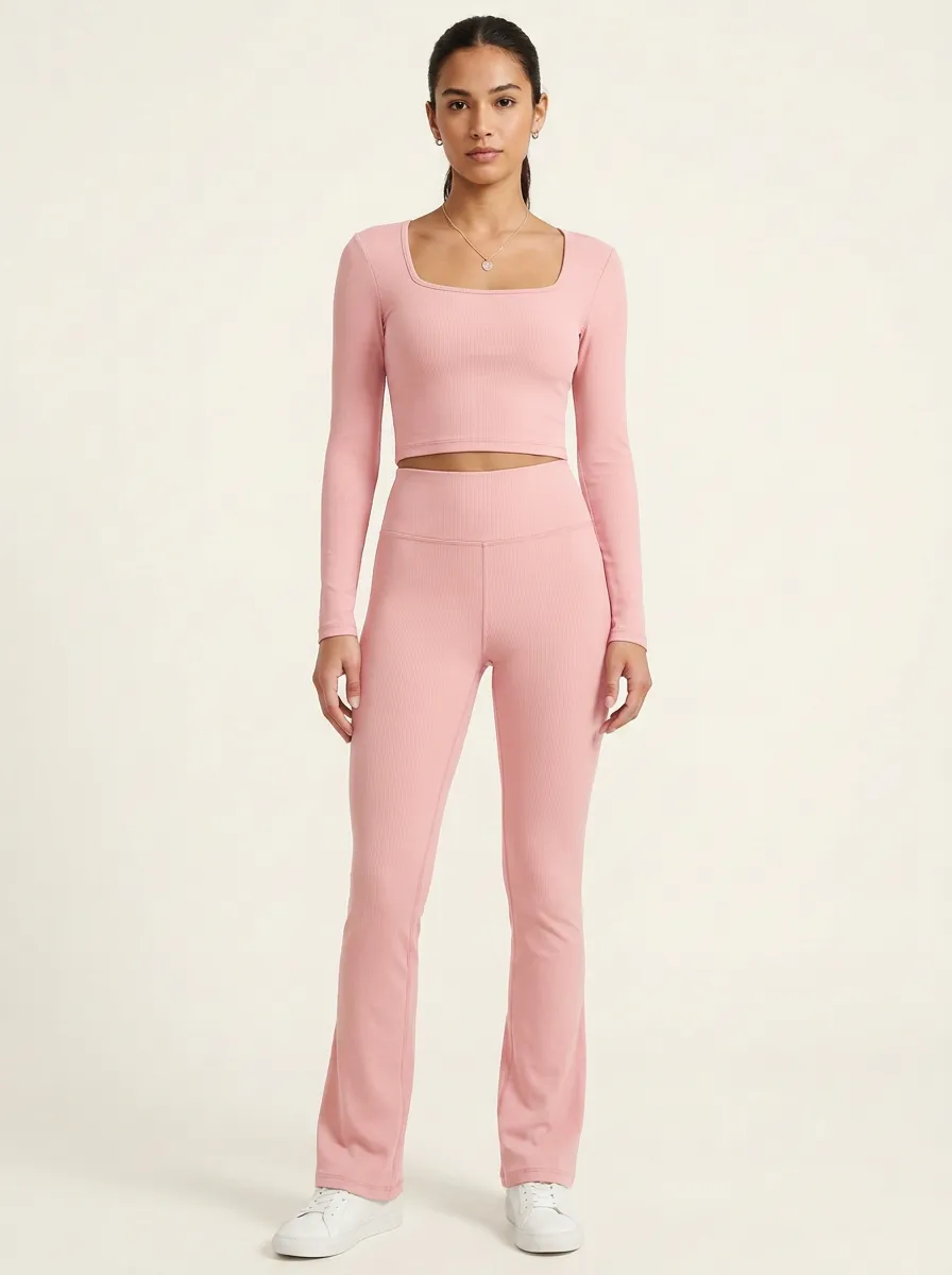 Women's Ribbed Square-Neck Crop Top and Flare Legging Set