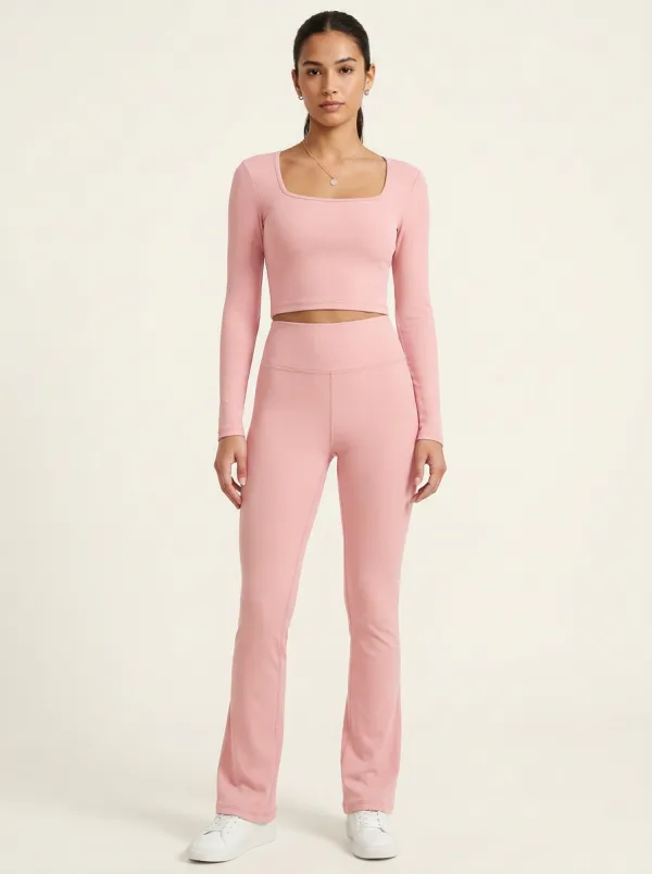 Women's Ribbed Square-Neck Crop Top and Flare Legging Set