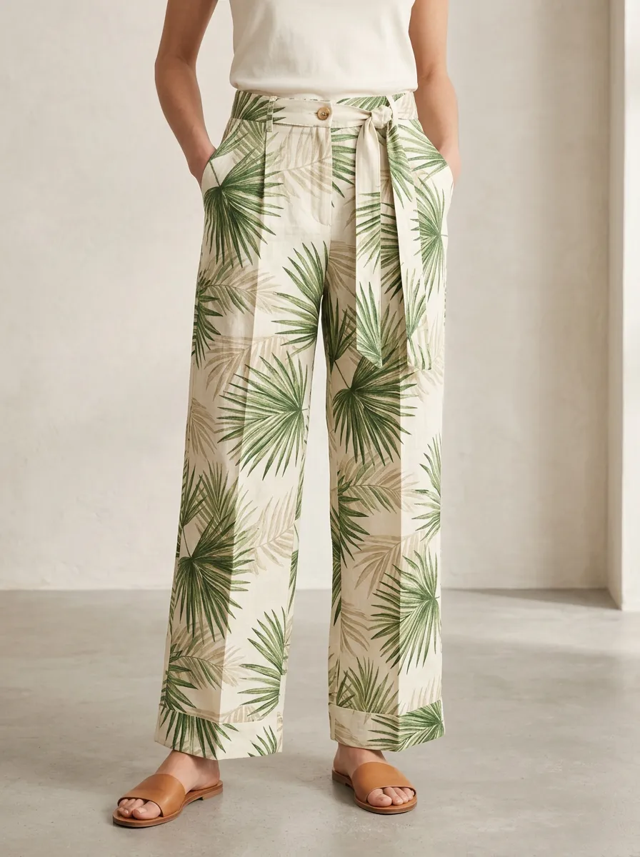 Women's Palm Leaf Contemporary Printed Wide Leg Pants