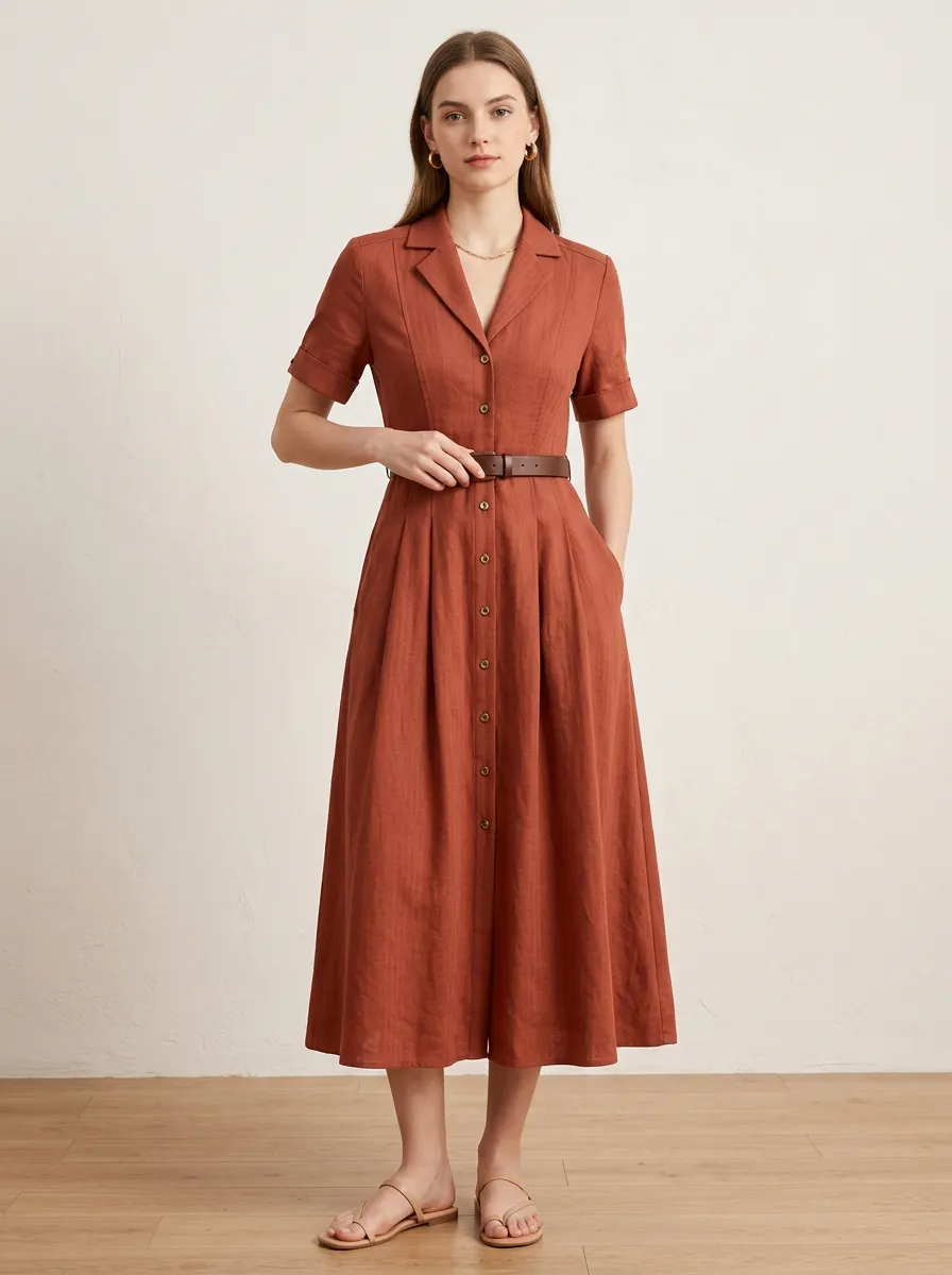 Women's Vintage Casual Rust Linen Button-Down Midi Dress