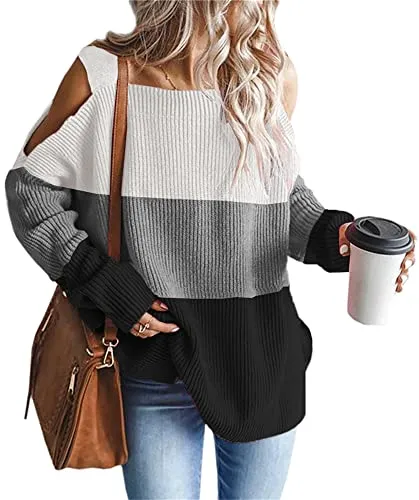 Women's Cold Shoulder Oversized Sweaters Batwing Long Sleeve Square Neck Chunky Knit Fall Tunic Sweater Tops