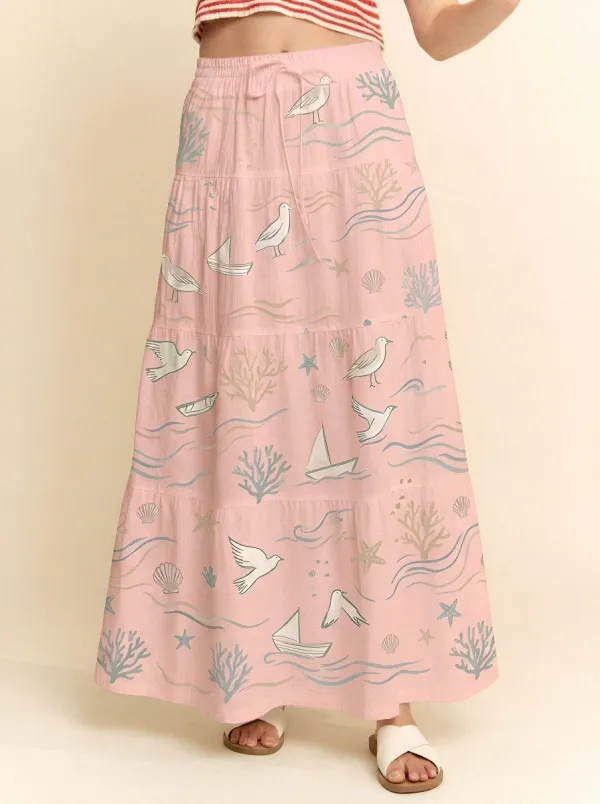 Women's Beach Lover Nautical Seagull Seashell Printed Maxi Skirt